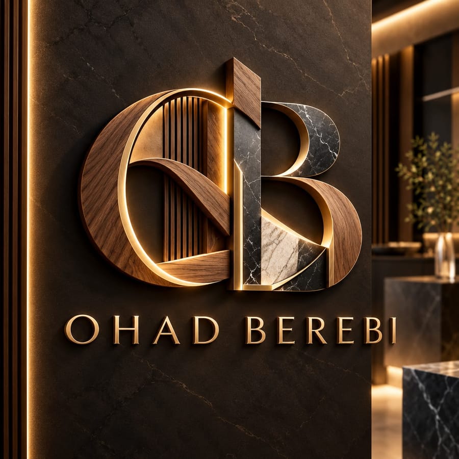 Ohad Berebi logo in walnut and marble
