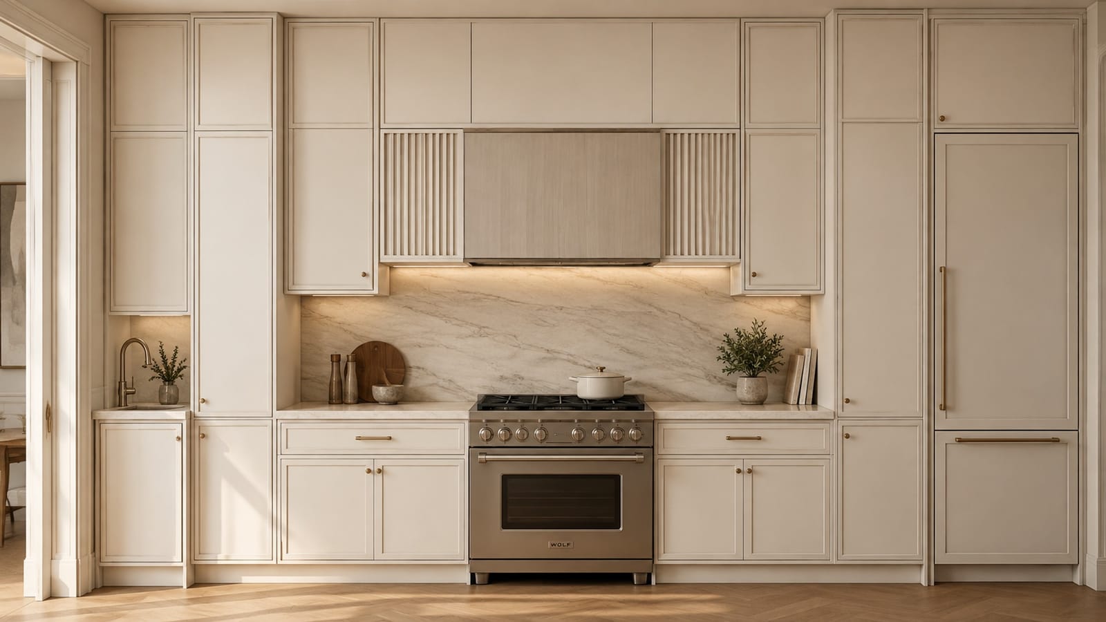 Visualization of kitchen K3.1: painted cabinetry with a fluted range hood